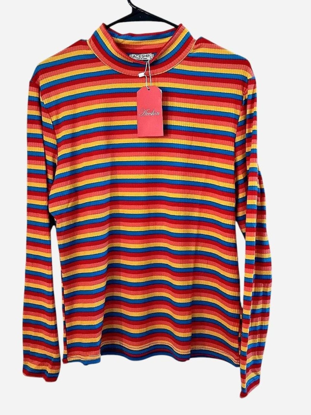 Multicolor Striped Ribbed Long Sleeve Top Aceshin XL Rainbow Bright Dash